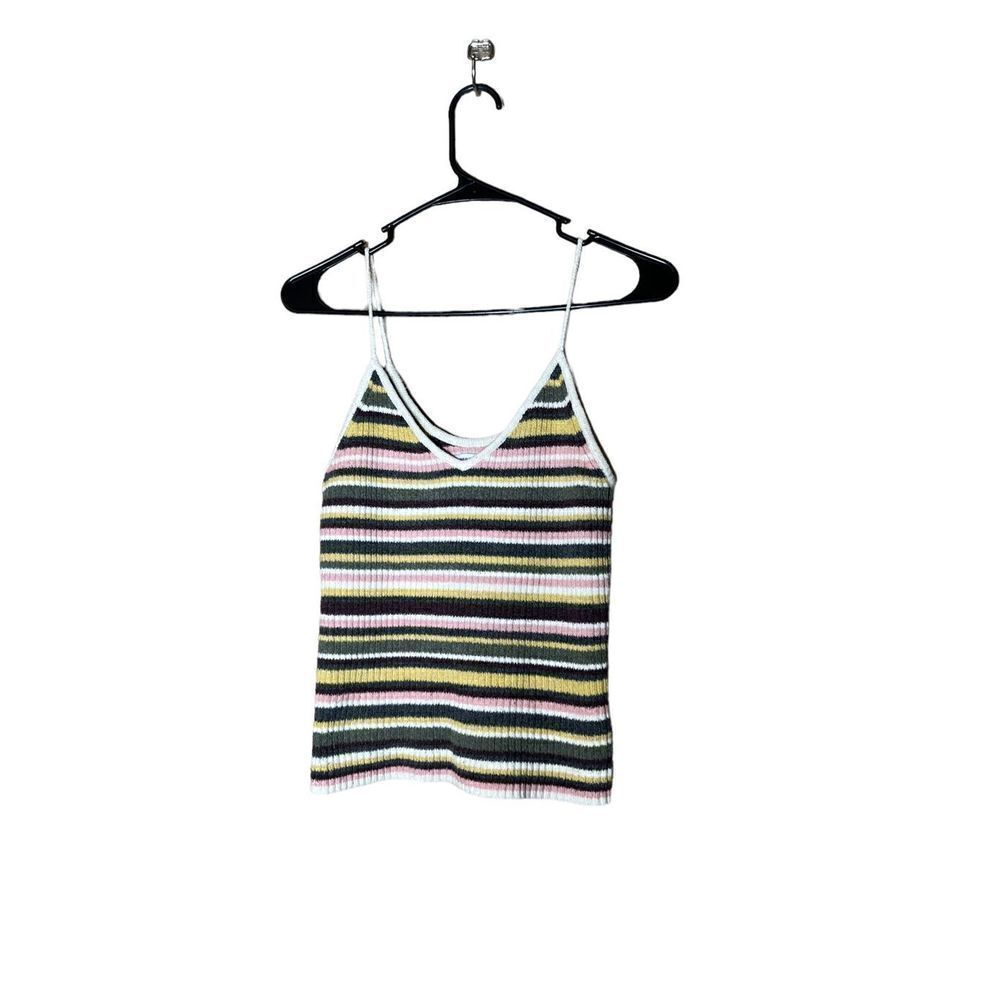 American Eagle AE ribbed knit striped crop tank top green ivory pink size Large